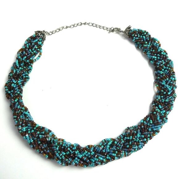 Woven Braded Multi Strand Seed Beaded Necklace Blue Teal Brown 21" Bib Statement - Picture 1 of 7